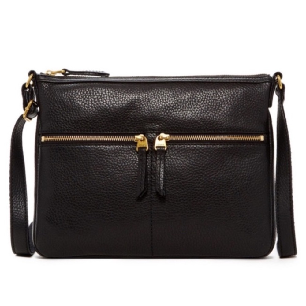 Fossil Elise Double Cowhide Leather Large Crossbody Bag Purse Black Gold Brass